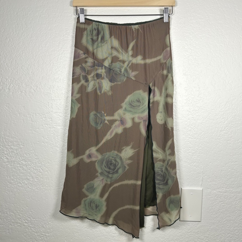 Silence + Noise Brown Floral Mesh Midi Skirt Asymmetrical Slit Size M